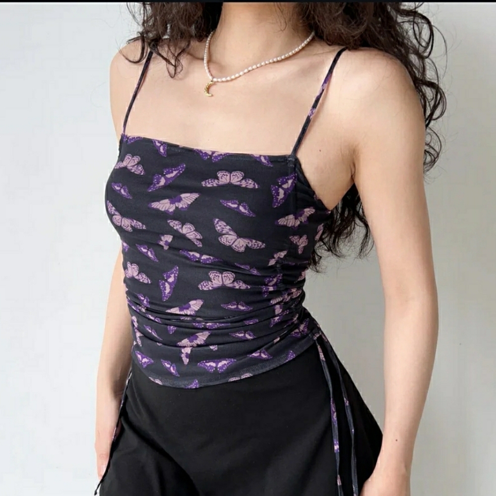 Urban Outfitters Purple Butterfly Crop Tank With Mesh Side Cinch Top. Size:Small